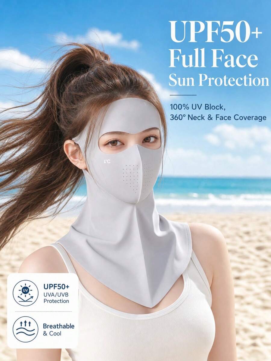 1pc Full Face & Neck Sun Protection Mask, UPF50+ UVA UVB Protection, Breathable Ice Silk Cooling Face Mask, Comfortable All-Day Sun Protection Mask, Suitable For Beach Vacation