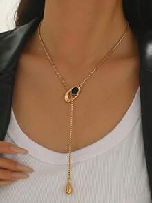1pc Women's Elegant Minimalist Y-Shaped Necklace, Fashion Personalized Metal Box Chain Geometric Asymmetrical Oval Golden Accessory With Black Plastic Rhinestone Color Block Design, Long Sweater Chain, Adjustable Creative Design, Versatile For Daily, Holiday, Vacation, Party, Banquet - Golden - View 1