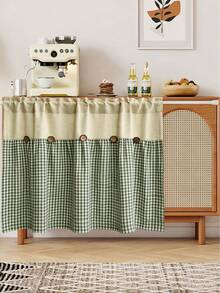 1件裝鄉村農舍風復古印花雙色格紋綠色短窗簾,鈕扣式半簾設計,適用於窗戶、門、櫥櫃、廚房及多種場景,居家公寓裝飾窗簾 - 綠色 - 查看 7