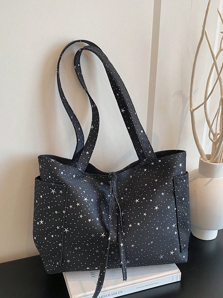 Fashionable Versatile Textured Solid Color New Tote Large Bag Casual Minimalist Contrast Color Shoulder Bag - Black - View 1