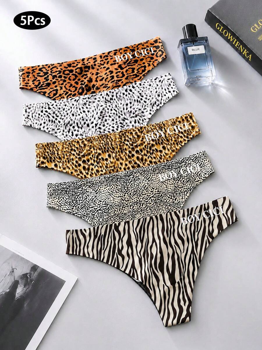 5pcs/Pack Men's 3D Sexy Letter Leopard & Zebra Animal Print Ice Silk Seamless Thong Underwear