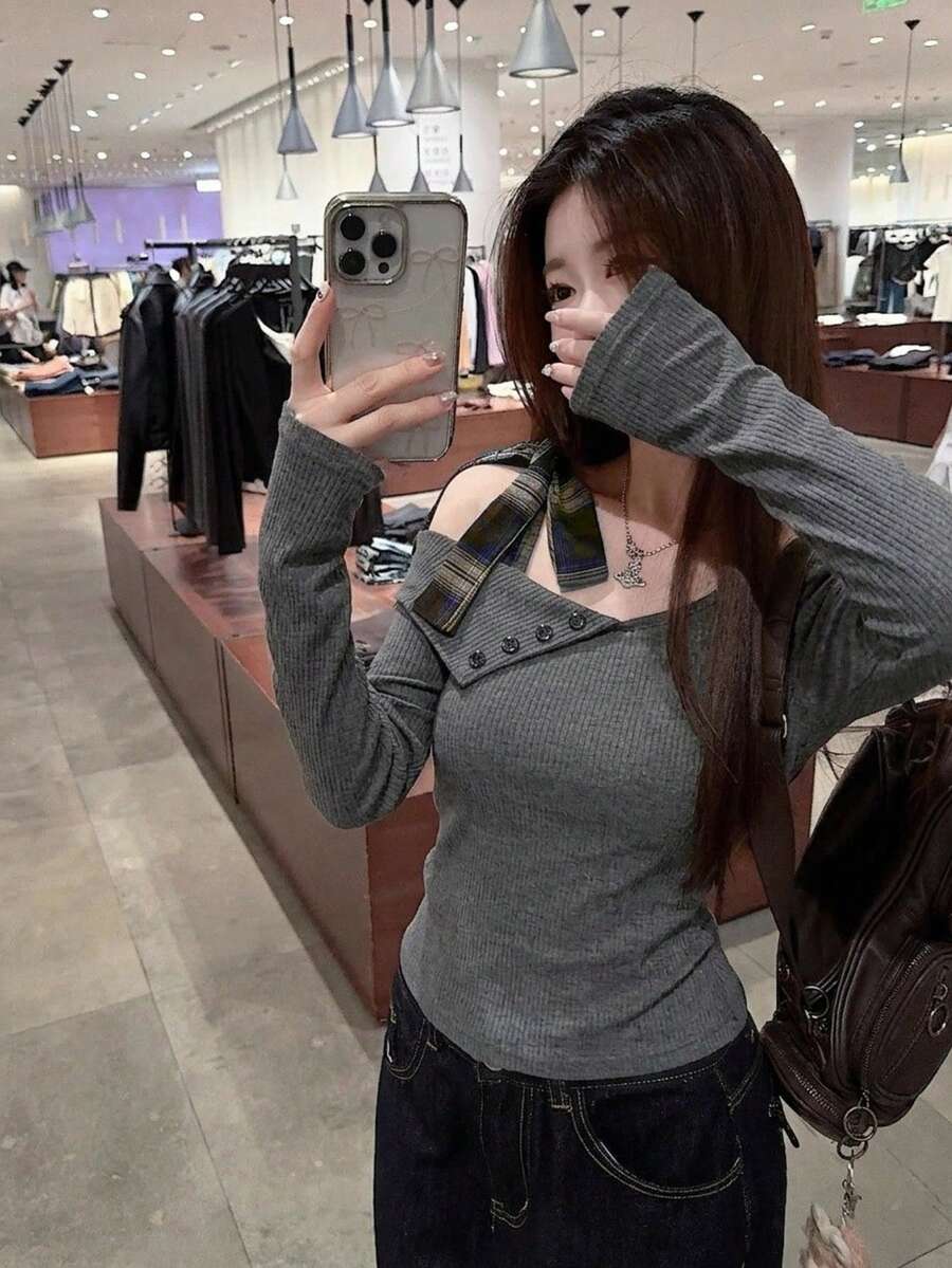Solid Color Asymmetrical Neckline Tie Long Sleeve Slim Fit Cold Shoulder Inner Layer T-Shirt - Grey - View 1