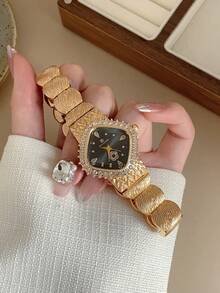 1件女款金色方形多邊形石英手錶，展現低調奢華與優雅，百搭飾品，適合作為禮物及派對穿著 - 金色 - 查看 2