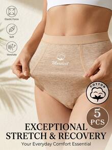MEIYATING 5pcs Women's Cotton Mid-To-High Waist Tummy Control Butt Lifting Symmetrical Line Design Fashion English Pattern Print Triangle Panties For Daily Commute - Multicolor - View 5