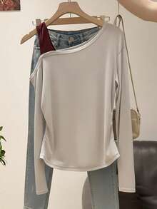 Women's Asymmetrical Shoulder Long Sleeve Top, Contrast Color 2 In 1 Design, Slim Fit Light Gray Base Layer Casual - Light Grey - View 3