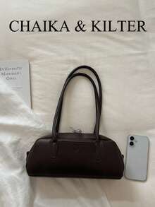 CHAIKA & KILTER 1件裝純色PU布料女款時尚波士頓保齡球肩背包，金屬孔眼裝飾，雙手把設計，拉鍊開合，適合日常與外出使用 - 咖啡 - 查看 4