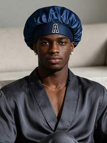1pc Men's Navy Blue Satin Sleep Cap, Single Letter Embroidered Wide Band Elastic Hairband Hair Cap, Anti-Frizz Hair Protection Night Cap - Dark Blue - View 5