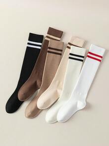 1/6 Pairs Women's Calf Socks, Solid Color Double Stripe Vertical Line Slimming Anti-Slip Knee-High Socks, Daily Wear - Multicolor - View 3