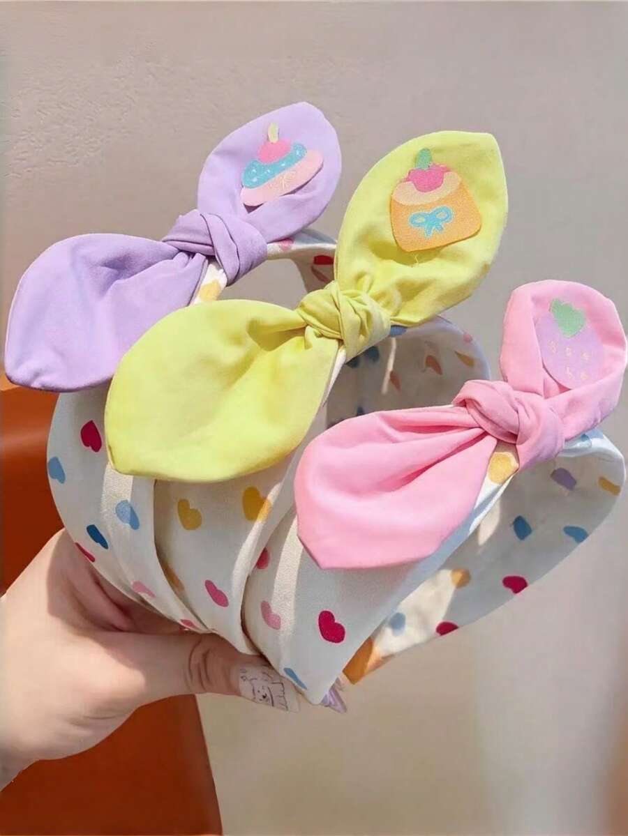 3pcs Girls Fresh Sweet Versatile Rabbit Ear Bow Colorful Heart Wide Fabric Headbands, Suitable For Daily Wear, Outfit Matching, Back To School, Outings - Multicolor - View 1