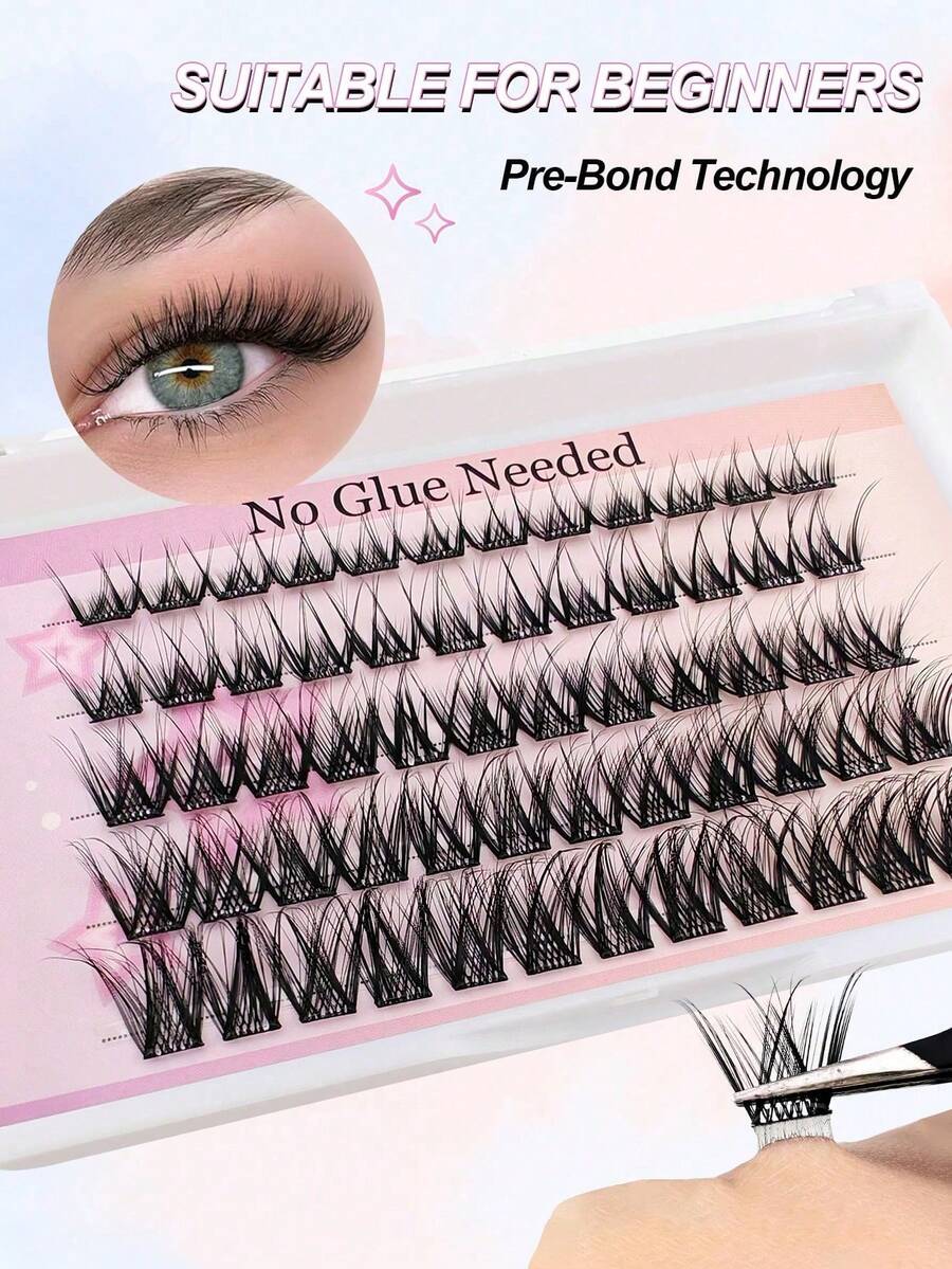 C Curl Self-Adhesive False Eyelashes, No Glue Needed, 8-16mm Mixed Length, Fluffy Cat Eye Effect, No Sticky Residue, Pre-Glued False Eyelashes, DIY Convenient Eyelash Clusters, Single Cluster False Eyelashes, False Eyelashes, False Eyelashes - C - View 1