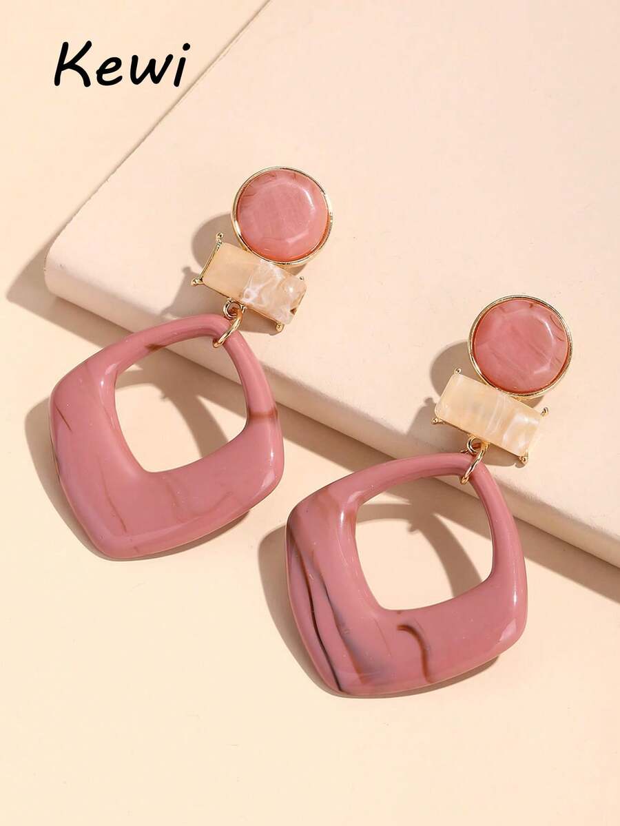 Geometric Design Drop Earrings - Pink - View 1