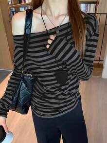 Kaos Lengan Panjang Off-Shoulder Garis Kontras, Atasan Rajut Elastis Slim Fit, Pakaian Kasual Musim Gugur Hitam dan Abu-abu untuk Wanita, Gaya Streetwear Y2K - Hitam - View 3