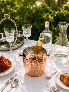 1pc Stainless Steel Small Capacity Ice Bucket, Copper Plated Hammered Texture Ice Bucket, Silver Hammered Single Layer Ice Bucket, Can Hold 1 Bottle Of Beer, Suitable For Home Kitchen And Restaurant Tabletop Decoration, Party & Wedding - View 5