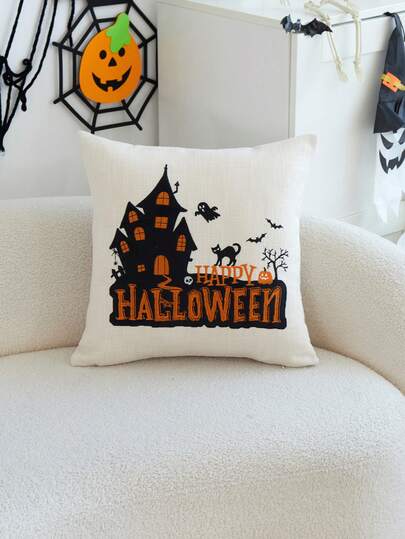 1pc Halloween Haunted House Ghost Embroidered Pillow Case, Happy Halloween Pillow Cover, Suitable For Indoor Decoration, Halloween Decor, All-Season Pillow Case, Without Insert