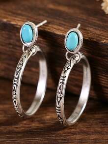 1 par de pendientes de aro redondos de turquesa artificial estilo bohemio, pendientes con textura vintage tallada - Multicolor - Ver 1