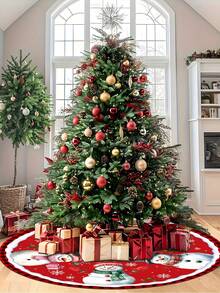 1pc Red Base Black & Red Plaid Edge Cartoon Snowman Christmas Tree Skirt, Round Christmas Tree Bottom Decoration Mat With Snowflake, Bell, Gift Box Christmas Atmosphere Tree Surround, Diameter 60/90CM Optional; Suitable For Winter Party And Home Holiday Decoration, Ideal Christmas Tree Ornament. - Multicolor - View 4