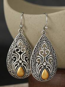 Gmzalx Vintage Dual-Tone Water Drop Hollow Earrings With Curly Grass Engraved Texture, Suitable For Daily Commute, Casual Travel, Party Multi-Function Accessory - Two-color - View 3