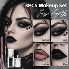 Fit Colors 3Pcs Goth Makeup Set, Double-Ended Heart Stamp Eyeliner Pen + Lip Liner + Black Lip Tint, Dark Gothic Halloween Costume Makeup Kit - Multicolor - View 3