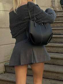 Women's Knitted Off-Shoulder Sweater, Long Raglan Sleeve Regular Length Pullover, Suitable For Autumn Wear - Grey - View 9