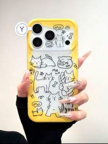 Casing Ponsel Gaya Korea dengan Motif Grafiti dan Liontin Kucing Lucu, Kompatibel dengan Apple 17 Pro Max, Lapisan Ganda, 16 Pro Baru, 17 Wanita, 15 Pro Kreatif, 14 Pelindung Ponsel Anti Jatuh Cakupan Penuh - Kuning - View 4