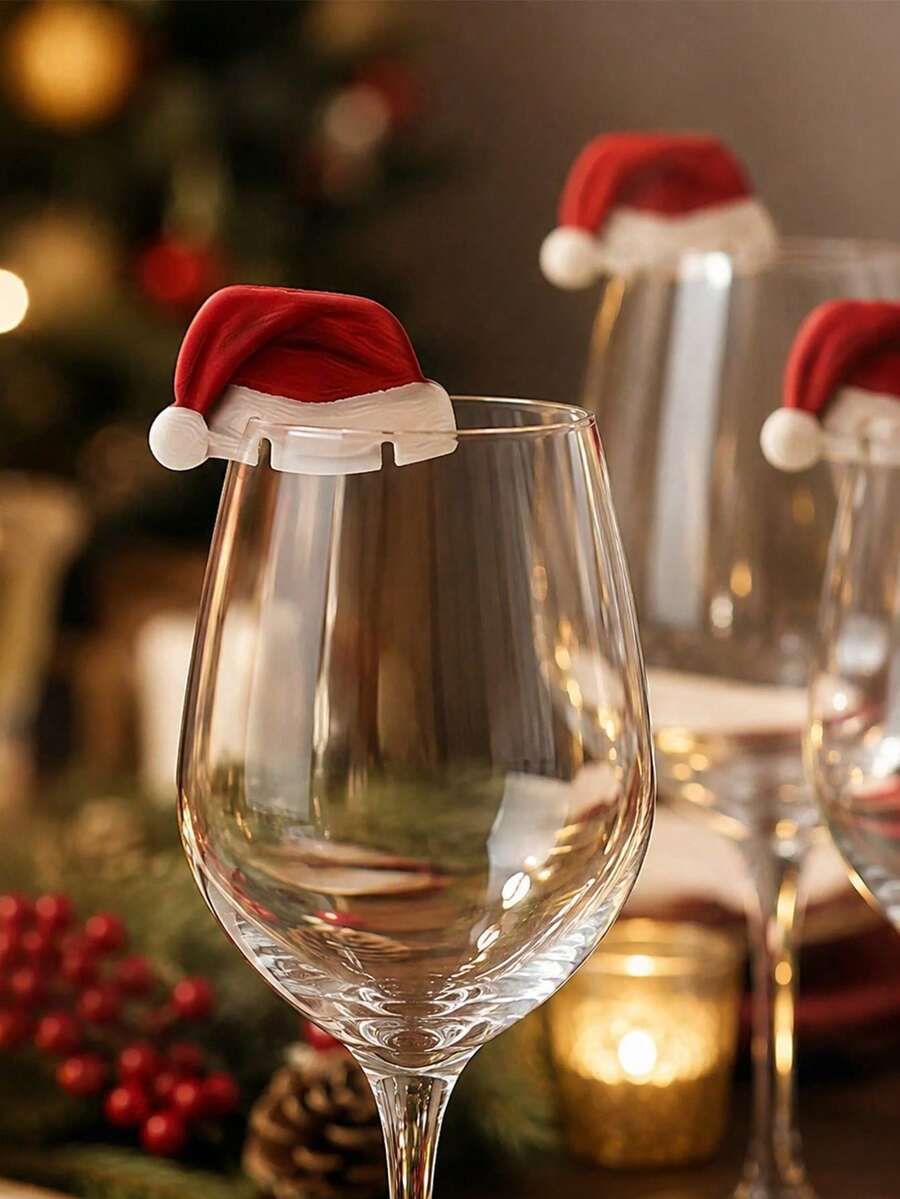 15pcs Mini Santa Hat Wine Glass Cards Decoration, Christmas Table Setting, Cute Santa Hat Stemware Toppers, Holiday Dinner Party Supplies, New Year Tableware Accessories - Multicolor - View 1