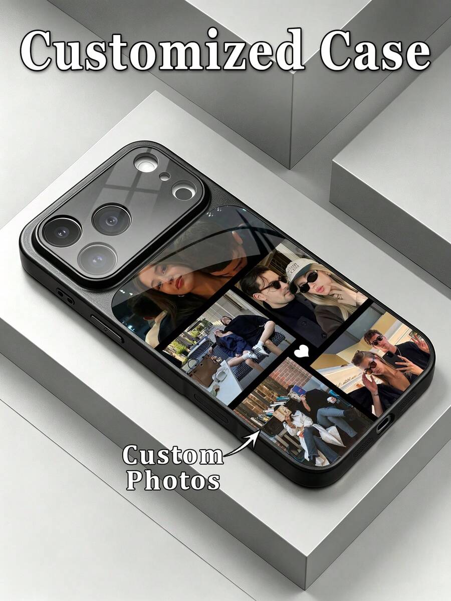 1pc Customized 5-Photo Family/Couple Portrait Tempered Glass Luxury Fashion Large Window Matte Anti-Fall Phone Case, Compatible With 17/17Pro/17ProMax/17Air/16/16Pro/16ProMax/16Plus/15/15Plus/15Pro/15ProMax/14/14Plus/14Pro/14ProMax/13/13Pro/13ProMax/12/11, Aesthetic Phone Case - Black - View 1