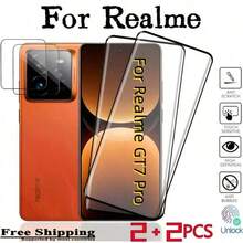 Set 2+2pcs Kompatibel dengan Realme GT 7 / GT 7T / GT 7 Pro / 15T Pelindung Layar Kaca Tempered Ultra Jernih Melengkung dengan Tepi Hitam Bercetak Sutra, Pelindung Lensa Kamera Ultra Jernih 3D, Bantalan Pelindung Cakupan Penuh, Pemasangan Mudah - Clear - View 15