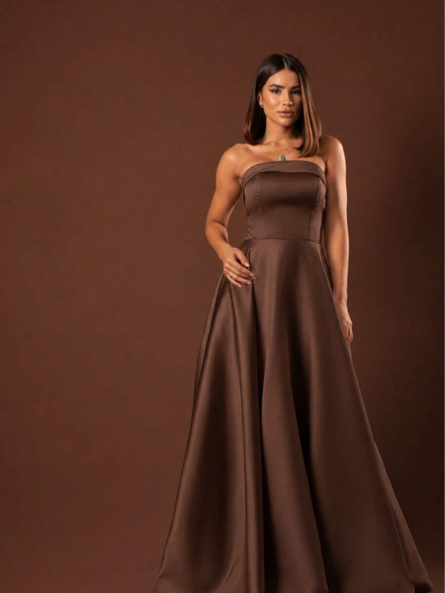 Straight Neckline Party Dress Tie Back Bridesmaid Wedding - 棕色的 - 查看 1