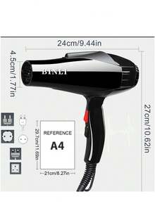 1pc Hair Dryer With Hurricane Nozzle And Diffuser, 2 Switches, One-Touch Cold Air Switch, Multiple Speed Settings - Black - View 8