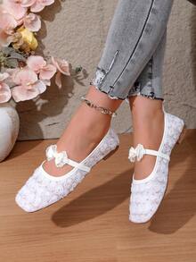 1 Pair Girls Princess Style Mary Jane Flats, Lace Floral Design ...