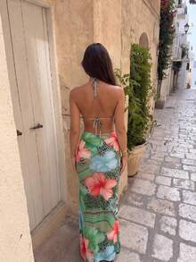 HOTTIE HABIT Women's Halter Triangle Bikini Floral Long Wrap Skirt 3 In 1 Beach Outfit Green Red Leopard Tropical Flower Print Swim Cover Up Summer Vacation - Multicolor - View 5