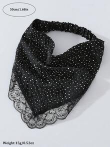 1件原創花卉圖案女款刺繡捲邊蕾絲飾邊波點頭巾髮帶，適合日常與度假使用 - 黑色 - 查看 4