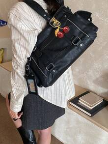 Fashionable Large Capacity Multi Pocket Solid Color Shoulder Bag, Simple Retro Punk Style Daily Underarm Bag, Suitable For Commuting, Daily Outings - Black - View 4