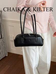 CHAIKA & KILTER 1件裝純色PU布料女款時尚波士頓保齡球肩背包，金屬孔眼裝飾，雙手柄設計，拉鍊開合，適合日常與街頭使用 - 黑色 - 查看 7