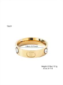 1pc Luxury Fashion Minimalist Ins Exquisite 18K Gold Plated 304 Stainless Steel Embossed D Letter Rhinestone Wide Band Couple Rings, Geometric Pattern Rings, Unisex Couple Rings, Confession Anniversary Birthday Gift Jewelry - Gold - View 7
