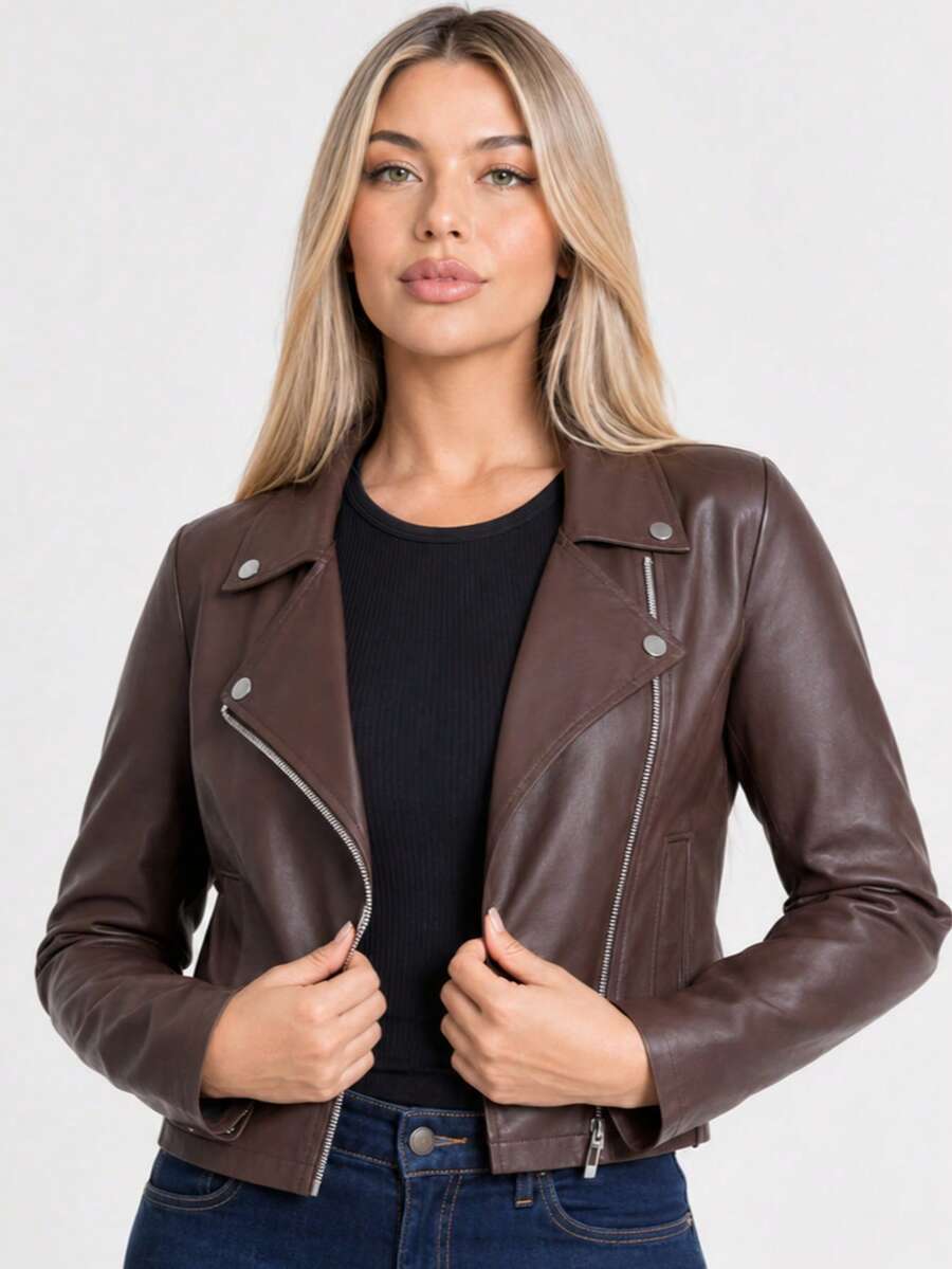 Women's White Leather Jacket With Long Sleeves, Stylish Blazer Coat For Cold Winter, Black Jacket For June Festivals. - Rust Brown - View 1