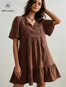 Rusttydustty Women's Pure Cotton Brown Embroidered Patchwork Collar Tie-Up Ruffle Hem Loose Fit A-Line Short Dress, Suitable For Autumn And Halloween - Brown - View 1