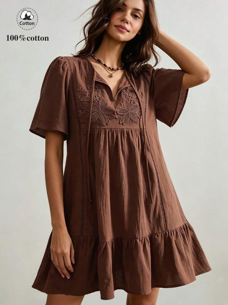 Rusttydustty Women's Pure Cotton Brown Embroidered Patchwork Collar Tie-Up Ruffle Hem Loose Fit A-Line Short Dress, Suitable For Autumn And Halloween - Brown - View 1