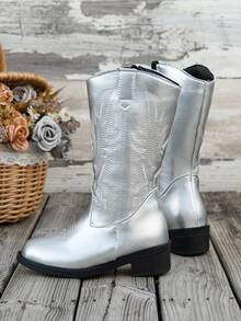 A Pair Of Fashionable And Durable New Embroidered Western Style Cowboy Boots, Suitable For Concerts And Performances,Travel And Various Places Wearing - Silver - View 5
