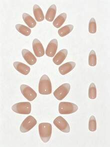 30 Peças Unhas Postiças Francesas Curtas em Formato de Amêndoa com Degradê Nude e Branco Leitoso para Uso Diário de Mulheres com 1 Lixa de Unha e 1 Cola de Gelatina - Multicolorido - Visão 4