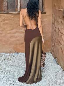 Women's Sexy Halter Neck Sleeveless Backless Maxi Dress, Medium Stretch Knit Fabric, Slim Fit - Brown - View 1
