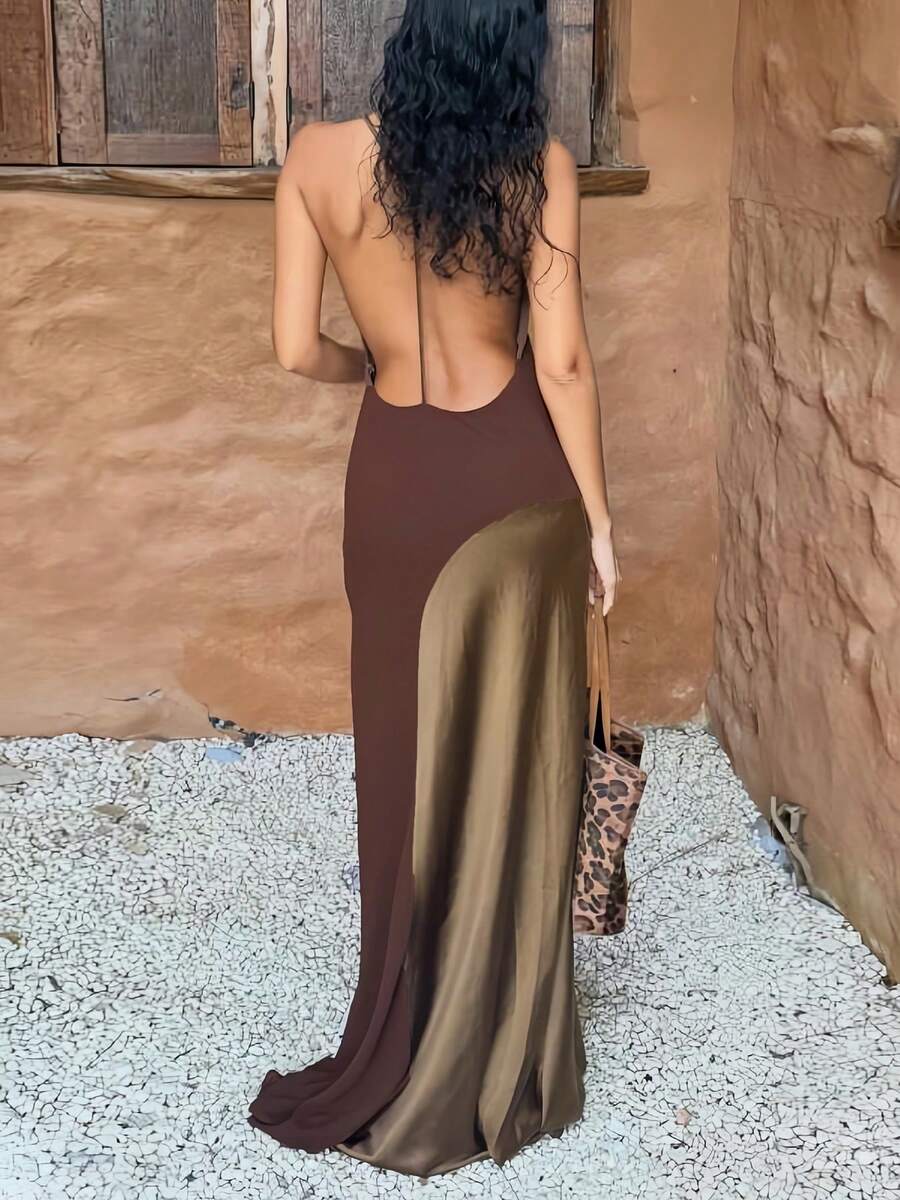 Women's Sexy Halter Neck Sleeveless Backless Maxi Dress, Medium Stretch Knit Fabric, Slim Fit - Brown - View 1