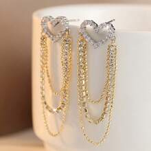 DIYCCPC Elegant Luxury Synthetic Zirconia Heart-Shaped Multi-Chain Tassel Pendant Earrings, Sparkling Handmade Daily Versatile Jewelry Accessory, Perfect Gift For Women - Gold - View 3