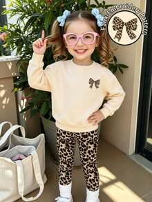 2pcs/Set Kaos Sweatshirt Leher Bulat untuk Remaja Perempuan dengan Bordir Motif Leopard dan Pita, Dipadukan dengan Legging Motif Leopard Kasual Sederhana, Pakaian Musim Gugur/Dingin Terbaru - Berwarna merah muda - View 4