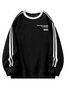 Women's Minimalist Black Contrast Stripe Letter Print Simple Personalized Versatile Loose Casual Comfortable Home Daily Commute Crew Neck Long Sleeve Sweatshirt - Black - View 6