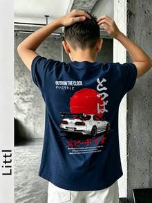 男童“超越时间”JDM赛车图案短袖T恤，酷炫街头风夏季上衣 - 藏蓝色 - 查看 1