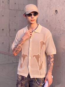 BLACKTOEXIT Men's Knitted Cardigan Polo Collar Short Sleeve Loose Fit American Vintage Style Knit Top Spring Summer Outerwear Sweater - Apricot - View 1