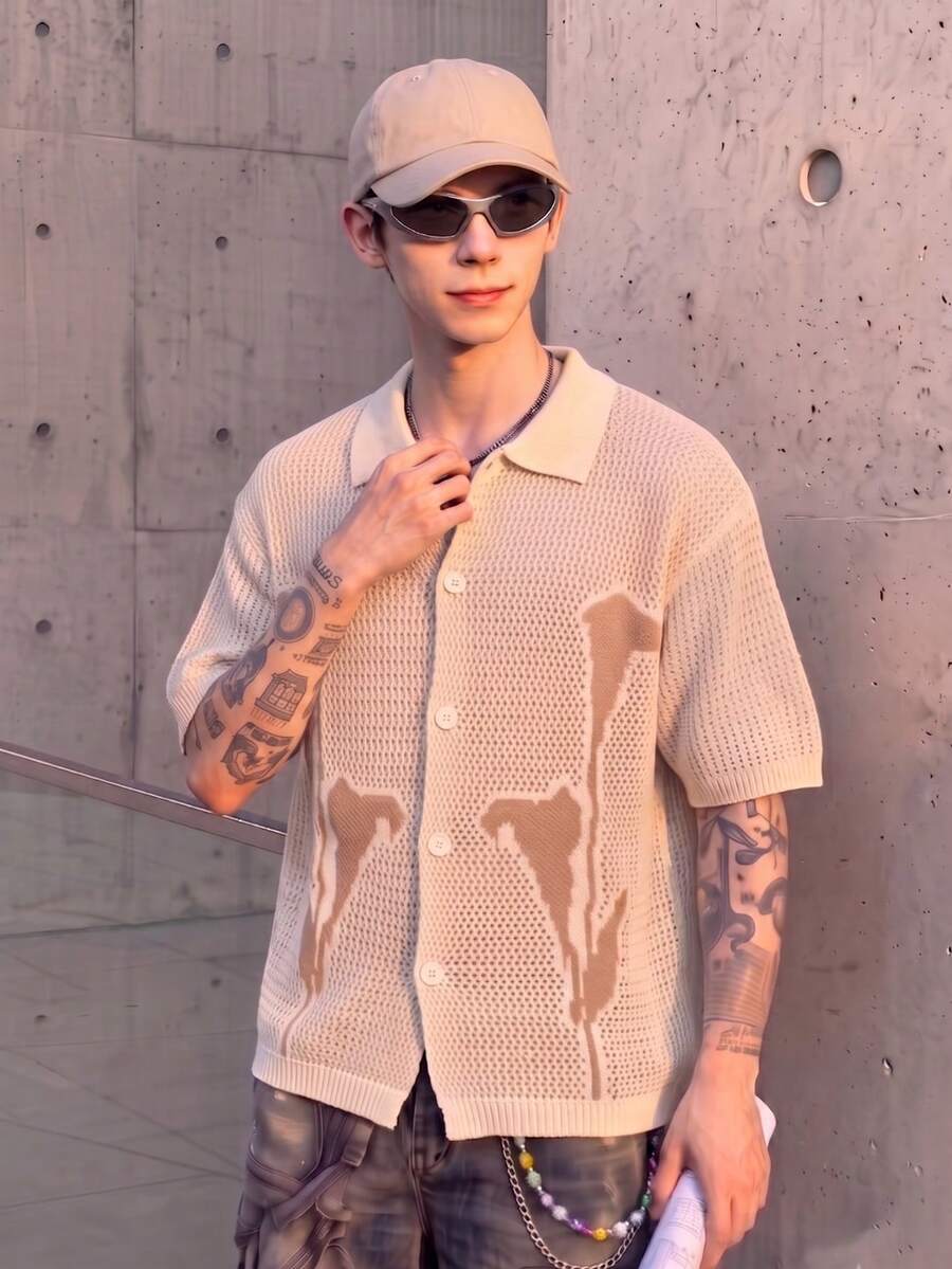 BLACKTOEXIT Men's Knitted Cardigan Polo Collar Short Sleeve Loose Fit American Vintage Style Knit Top Spring Summer Outerwear Sweater - Apricot - View 1