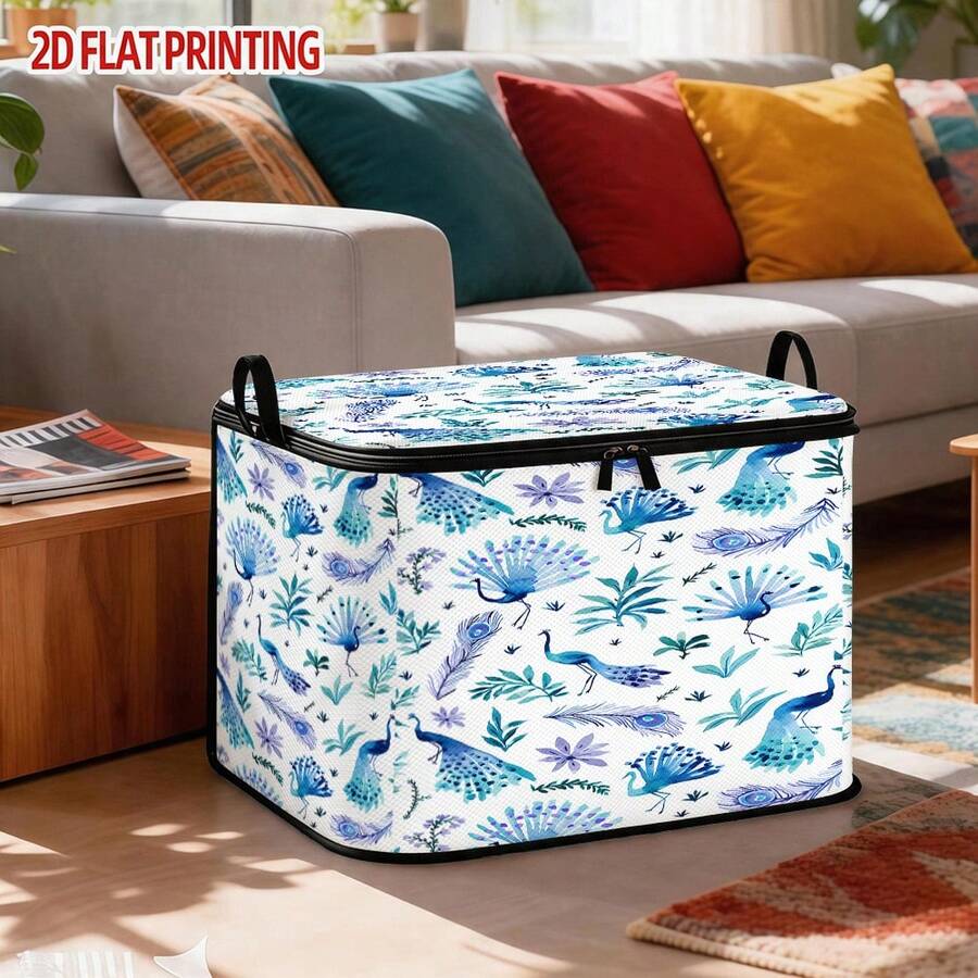 1pc Large Foldable Zipper Storage Box, 2D Cartoon Watercolor Ink Style Blue Peacock Pattern Storage Box, Premium Style Element Print, Perfect For Travel, Bedding And Wardrobe Organization Solution - View 1