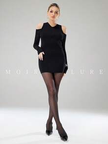 MOIRÉALLURE 1件純色適合日常穿著時尚提花緊身褲 - 黑色 - 查看 2